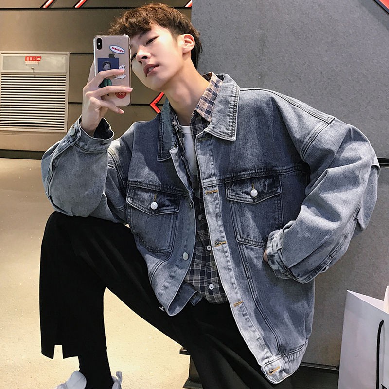 Áo Khoác Denim Tay Dài Cổ Đứng Dáng Rộng Phong Cách Nhật Bản Thời Trang Cho Nam