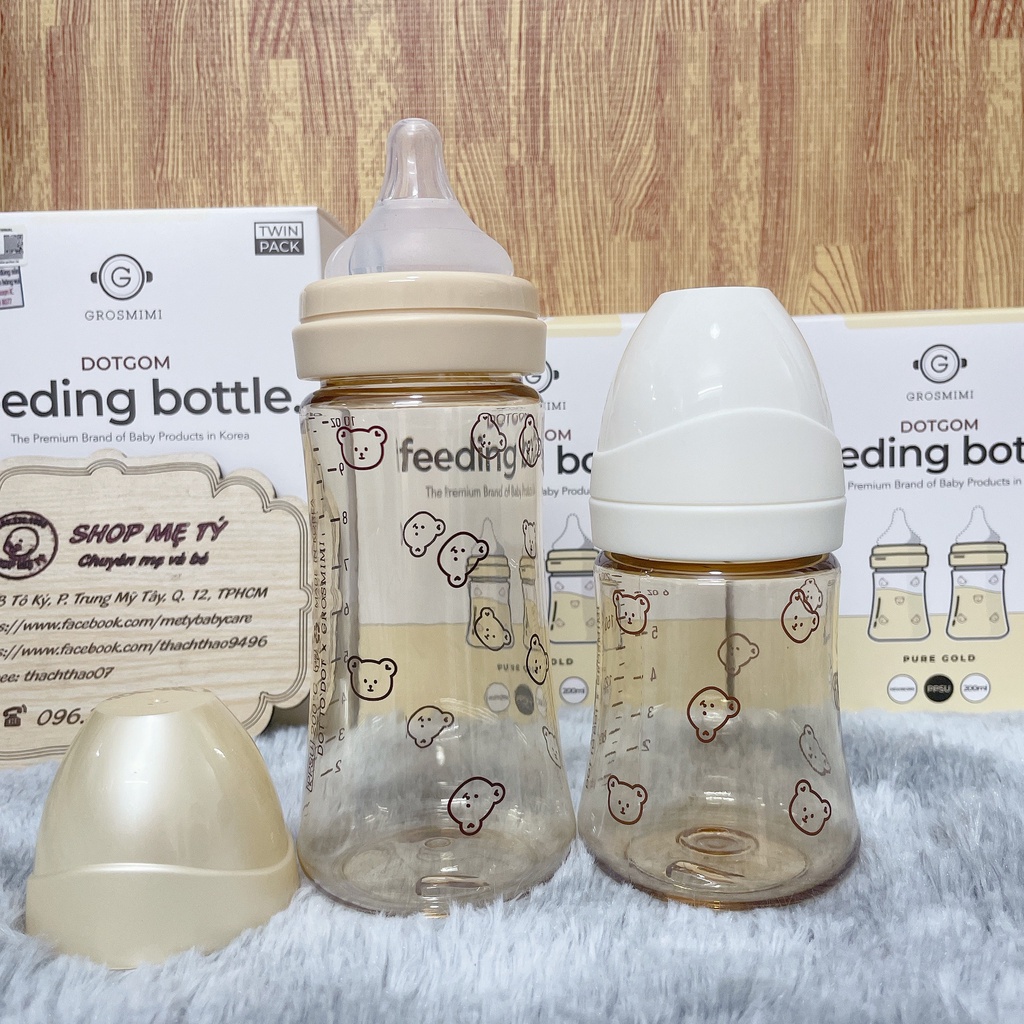 [TÁCH SET] Bình sữa Grosmimi chính hãng Dotgom hoạ tiết Gấu/ Bear size 200ml - 300ml Hàn Quốc