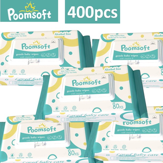 giấy ướt,Poomsoft， 400pcs, khăn lau em bé, mềm thấm hút tốt  an toàn mềm mại bề mặt lớn