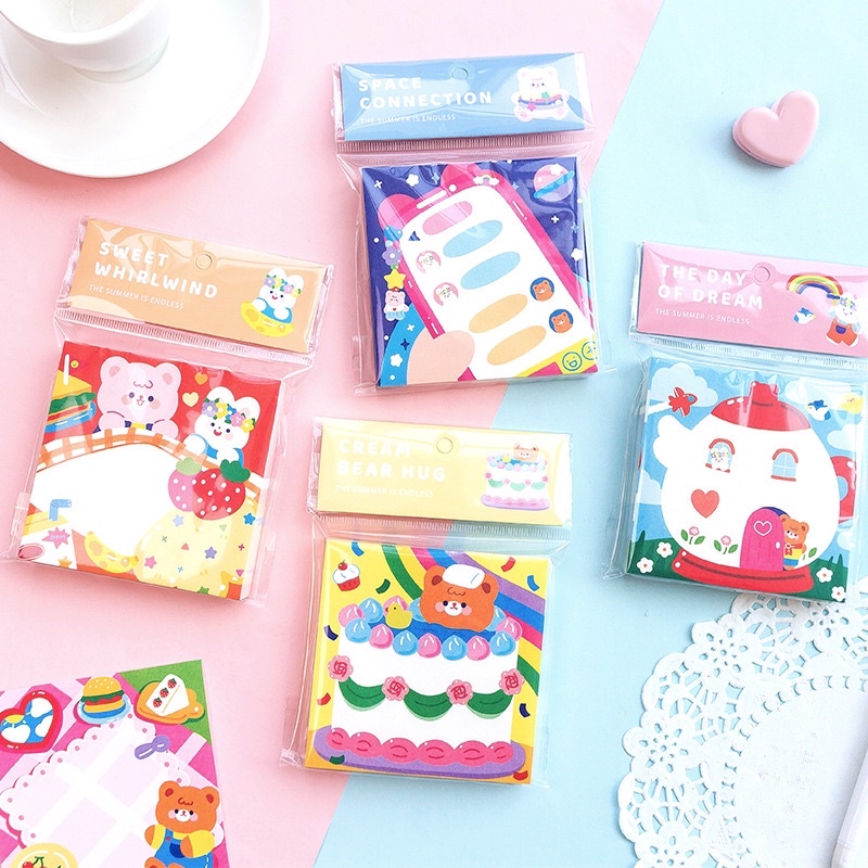 Giấy note cute  Bộ giấy note 100 tờ ghi chú hình gấu dễ thương tiện lợi trang trí hãng Jiyu