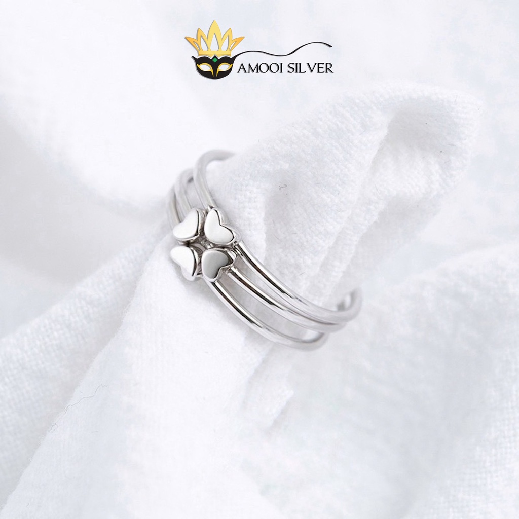 Nhẫn bạc S925 3 chiếc trái tim cỏ 4 lá - Amooi Silver AN89