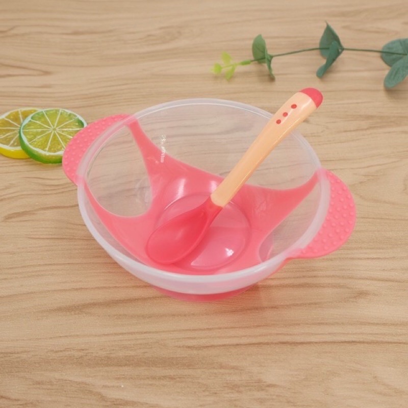 [HCM-GIÁ TỐT] Bát Ăn Dặm + Thìa Báo Nóng Cho Bé