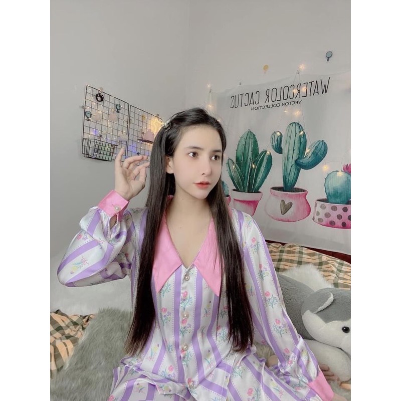 pijama tay phồng hồng lụa satin cao cấp quảng châu