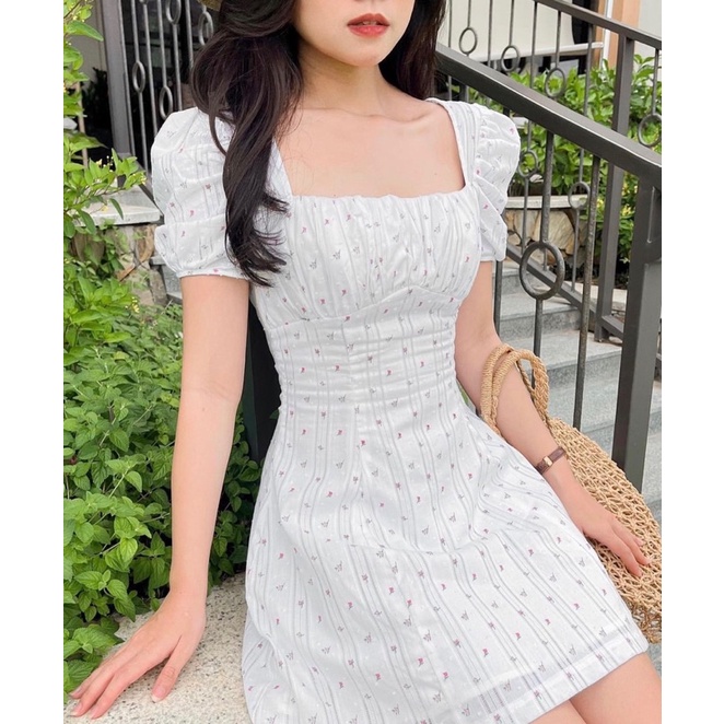 Váy hoa thô hoa Vân nổi loại dày dặn 2lớp bo eo tôn dáng cực Xinh