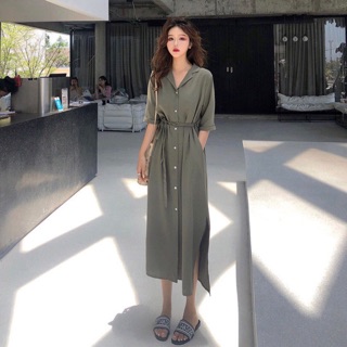 Đầm váy sơ mi rêu form dài nút trắng (kèm hình thật)