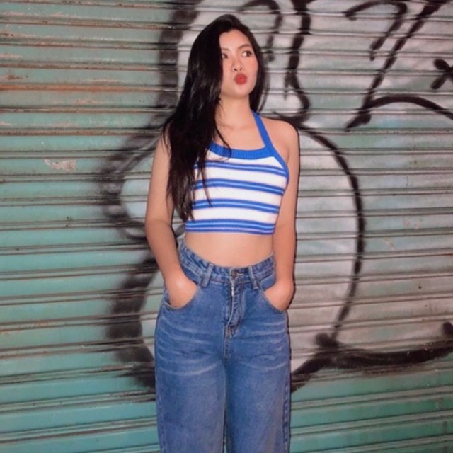 Ảnh thật - Áo yếm len sọc cổ choàng hở lưng sexy Freesize