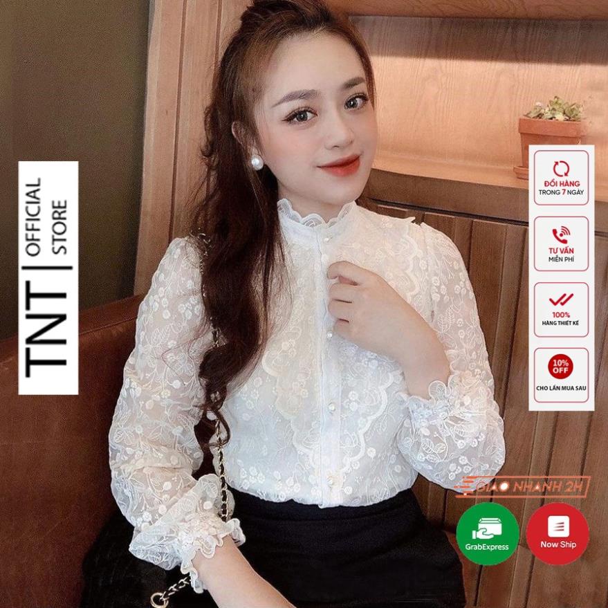 Siêu SALE Áo sơ mi nữ ren bèo ngực dài tay đẹp hai lớp dáng suông cổ tròn trắng be đi làm đi chơi TNT
