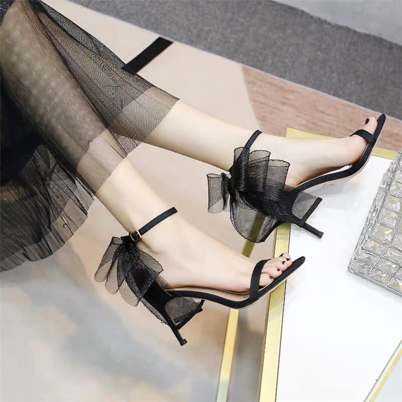 Giày cao gót /sandal quai mảnh gót đinh thắt nơ cực xinh freeship