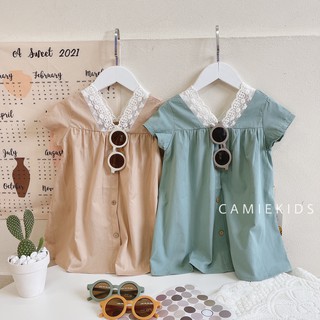 Váy trẻ em cổ V, đầm cổ phối ren cho bé gái - CAMiE Kids