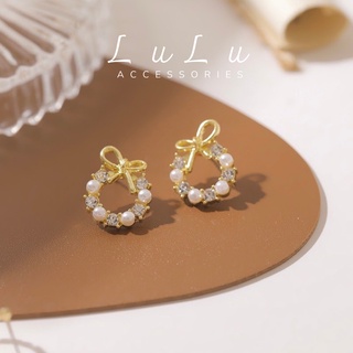 Khuyên tai, bông tai nơ tròn đính đá hạt trai lulu.accessories