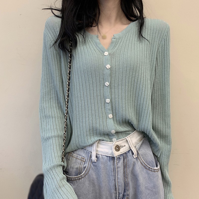 Áo Cardigan Dệt Kim Tay Dài Màu Trơn Phối Nút Thiết Kế Đơn Giản