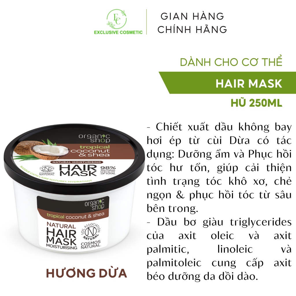 Kem ủ dưỡng tóc phục hồi hư tổn Organic Shop Hair Mask Coconut & Shea 250ml