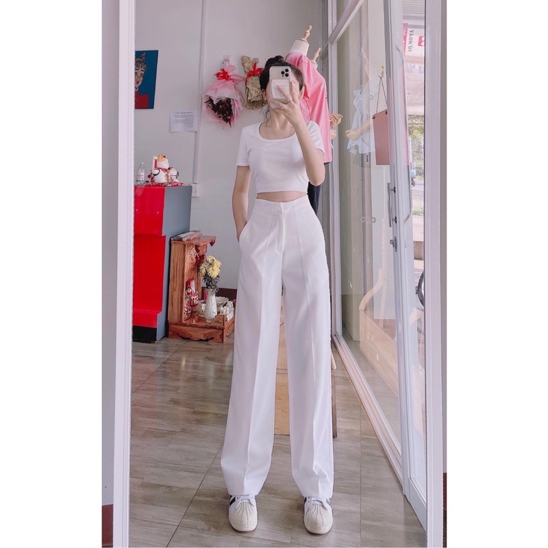 Quần ống rộng suông lưng cao , quần ống xuông cạp cao 17DCE K89