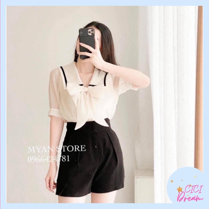Áo sơ mi trắng nữ tay dài viền cổ tròn, Áo sơ mi nữ dài tay cổ tròn phối viền đen