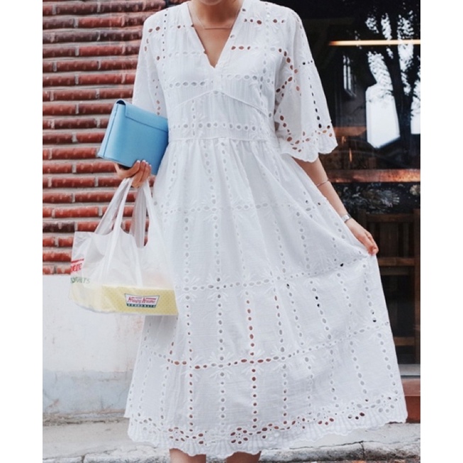 Đầm maxi trắng xô đẹp đục lỗ vintage boho bohemian