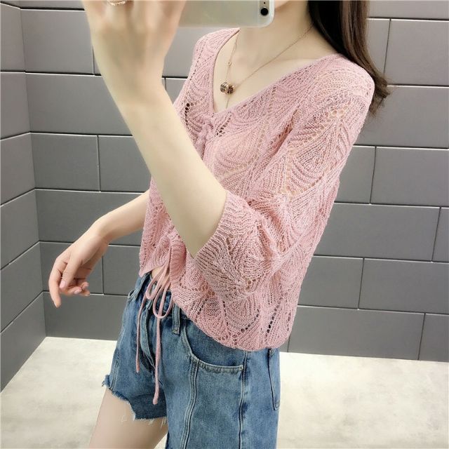 Áo len nữ mỏng croptop rút dây - DTH