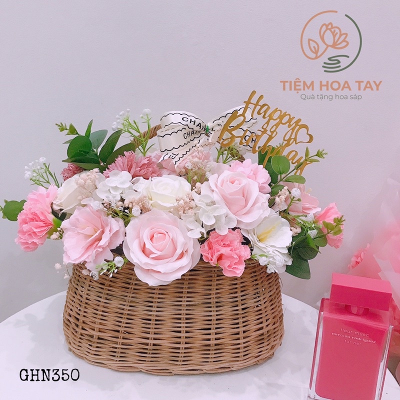 (Hoả tốc 2h) Giỏ lẵng hoa sáp cao cấp tone hồng nhạt
