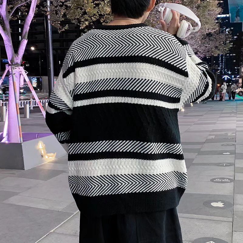 Áo sweater dệt kim dáng rộng tay dài kẻ sọc thời trang thu đông phong cách Nhật Bản cho nam size M-2XL