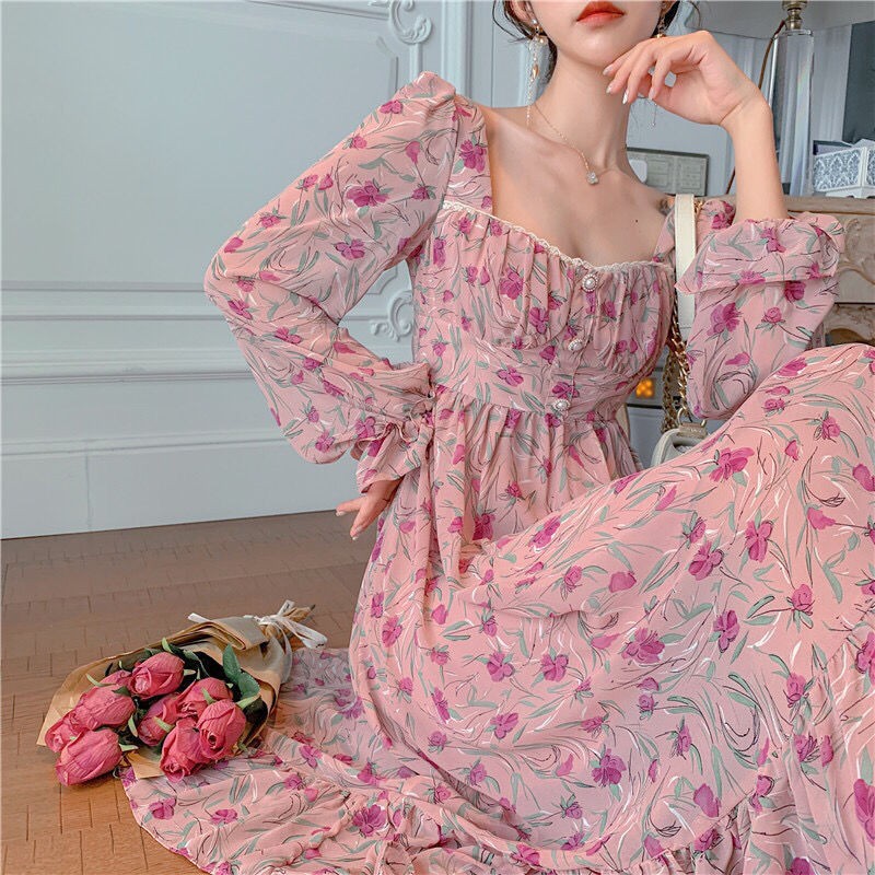 Váy maxi đuôi cá đầm hoa cổ vuông dài tay đi biển vintage Đ614