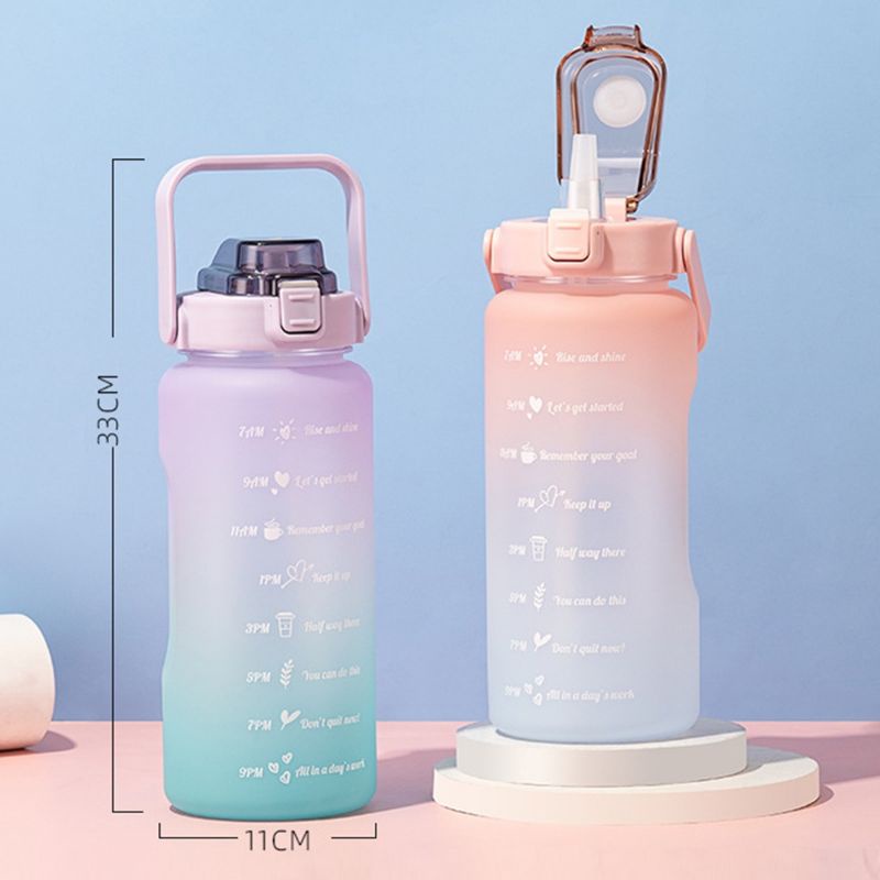 Bình nước 2 lít  Bình màu cầu vồng cute cỡ 2000ml có ống hút, vạch chia nhắc giờ uống nước tiện lợi