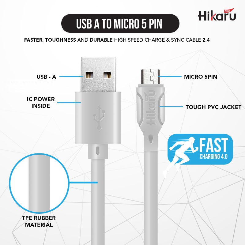 Mới Dây Cáp Sạc Nhanh Siêu Bền Hikaru 2.4a Usb Micro 5pin 1 M