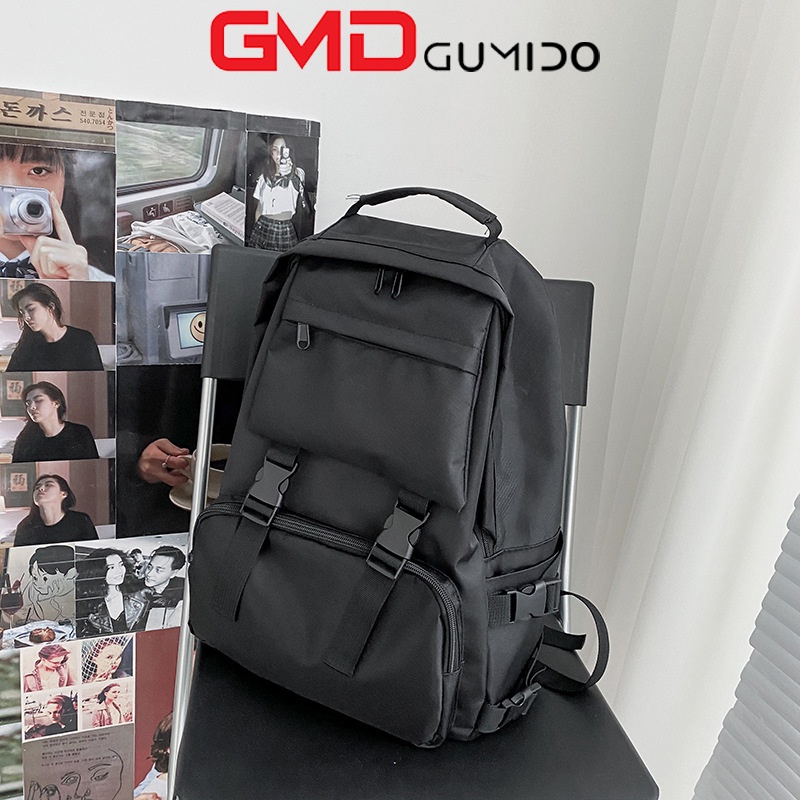 Balo Nam Nữ Màu Đen Cá Tính ULZZANG Basic Đi Học Cặp Sách Học Sinh Cứng Chống Nước GUMIDO