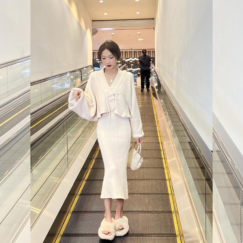 Bộ Áo sweater + Đầm Hai Dây Phong Cách Pháp Thời Trang Mùa Thu Cho Nữ se