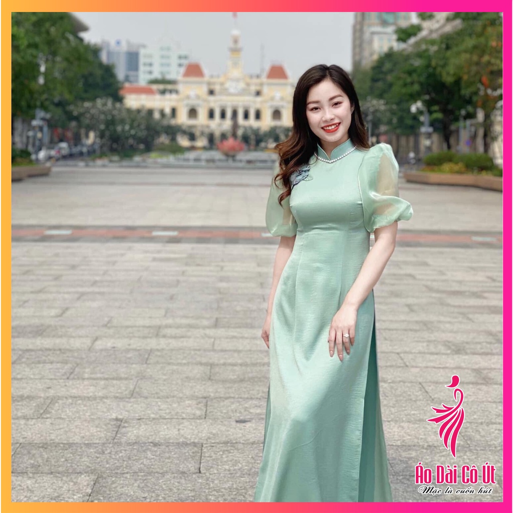 Áo dài lụa tây thi tay bồng xanh ngọc đính hoa cổ đính ngọc dự tiệc cưới hỏi lễ tết
