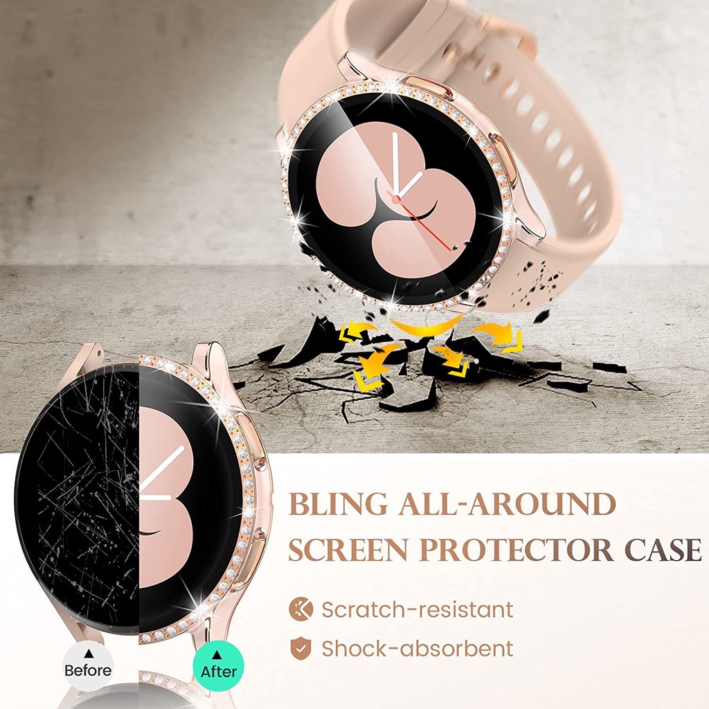 Ốp Bảo Vệ Mặt Đồng Hồ + Kính Viền Tròn Viền Kim Cương Cho Samsung Galaxy Watch 4 40mm 44mm
