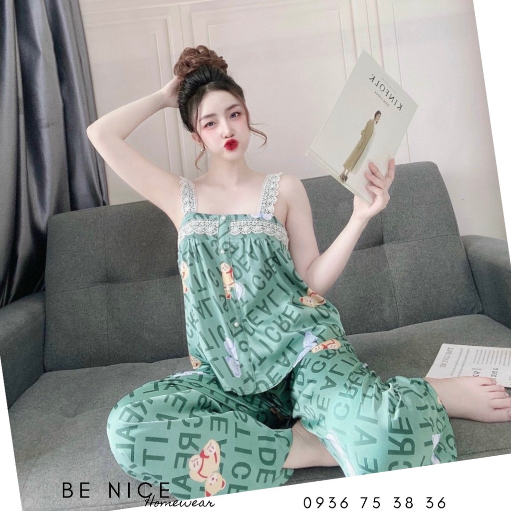 Set lụa quần dài phối ren vai nút ngọc trai xinh xắn nhà Be nice Homewear