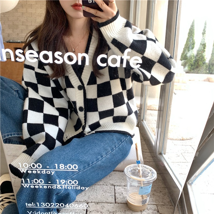 Áo khoác cardigan cổ chữ V form rộng họa tiết kẻ caro dễ phối đồ thời trang Hàn Quốc