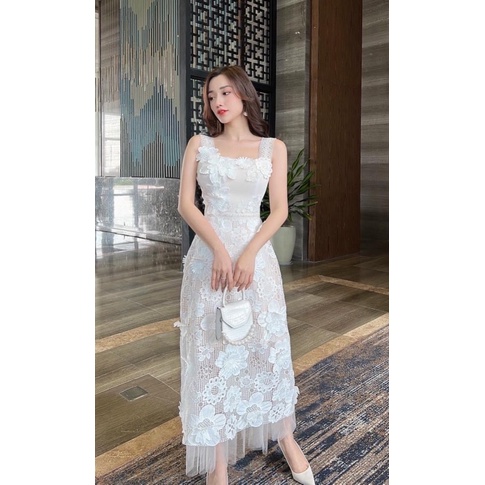 Váy ren hoa 3D thêu, đầm dự tiệc cao cấp
