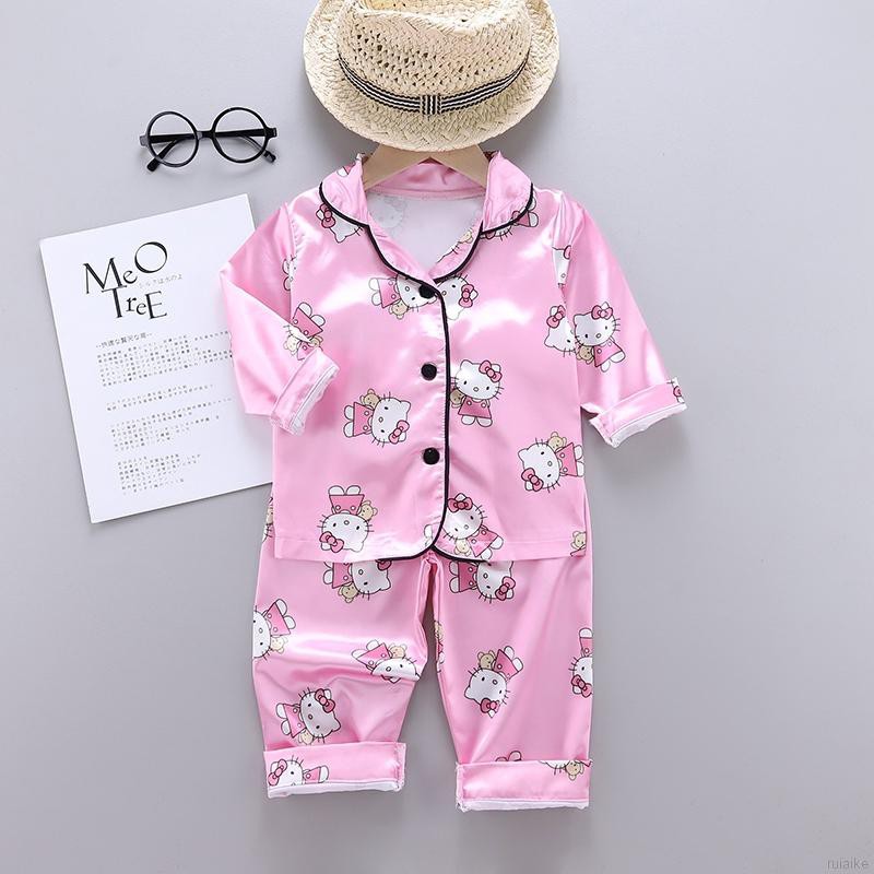 Bộ Đồ Ngủ Pijama Dài Tay In Hình Mèo Dễ Thương Cho Bé Từ 1-6 Tuổi