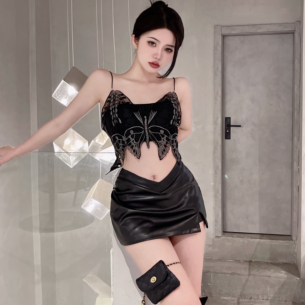 Cocory vn Set Áo hai dây Đính Nơ Phối Chân Váy Da PU Lưng Cao Thời Trang Mùa Hè Quyến Rũ Cho Nữ