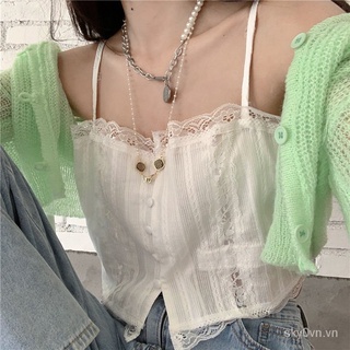 Thời trang nữ mùa hè 2021 áo yếm ren trắng xẻ thấp gợi cảm
