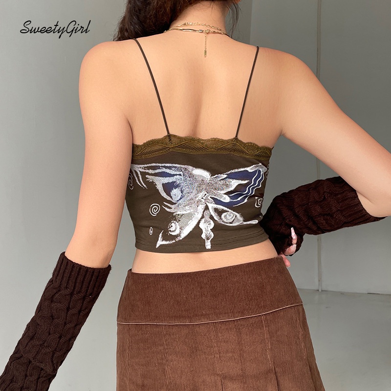 Áo Tank Top Hai Dây Cổ Chữ V In Họa Tiết Bướm Hoạt Hình Phối Ren Cho Nữ