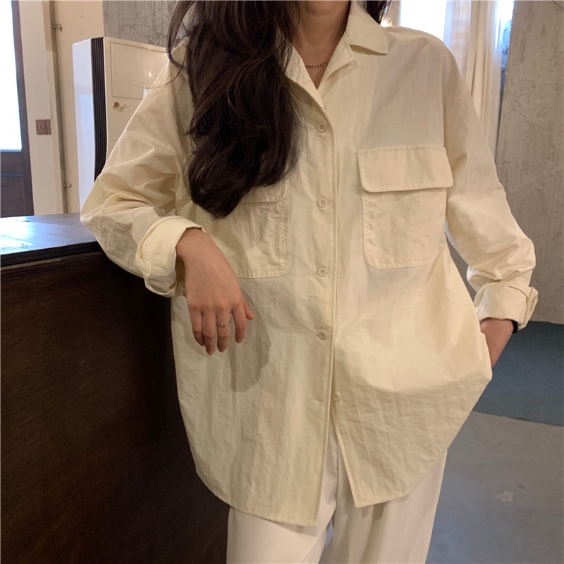 Áo Sơ Mi Trắng Tay Dài Dáng Rộng Cổ Polo Thời Trang Cho Nữ