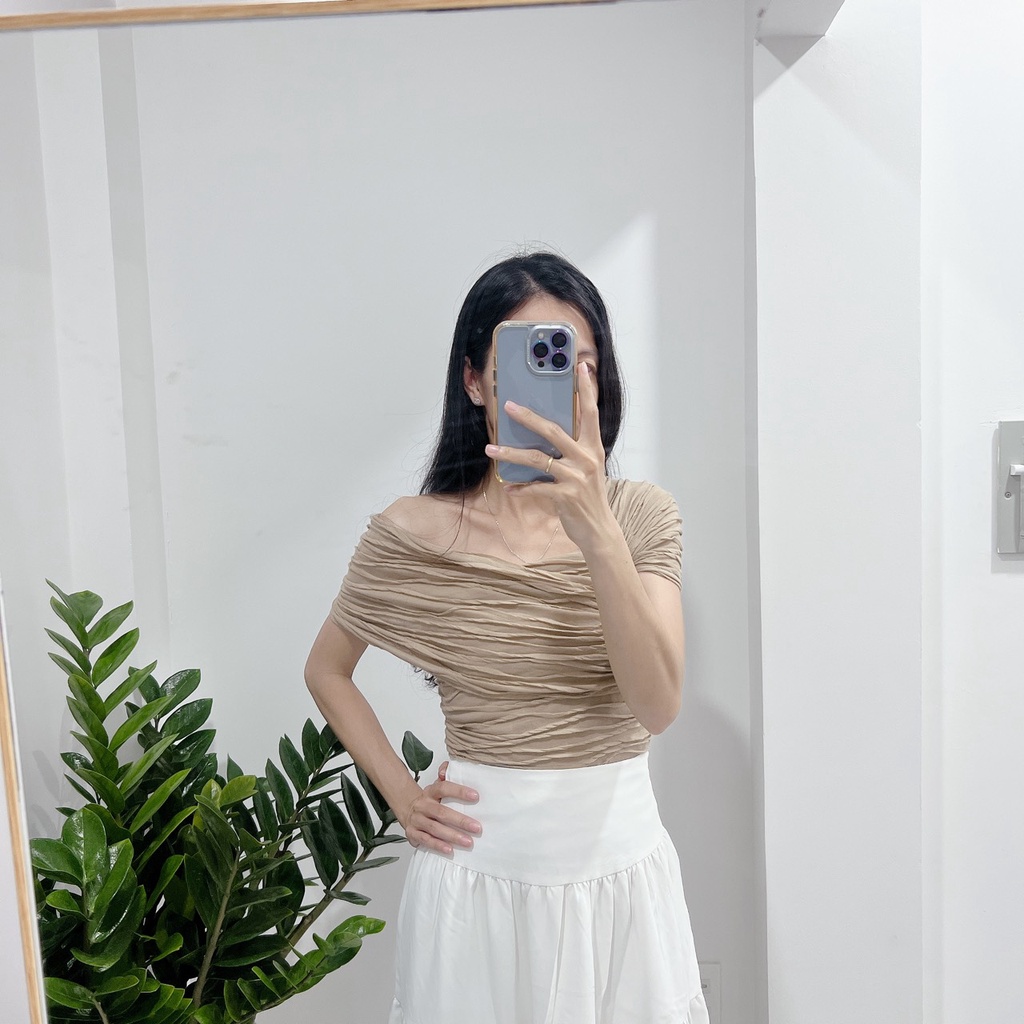 [Ảnh thật] Áo thun gợn sóng lệch vai