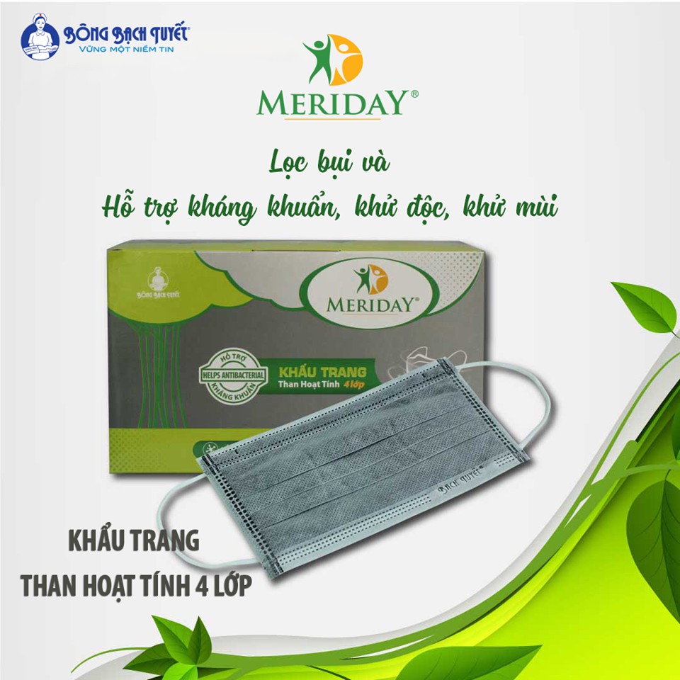 Khẩu trang y tế Than Hoạt Tính Bông Bạch Tuyết 4 lớp kháng khuẩn (Meriday hộp 50 cái)