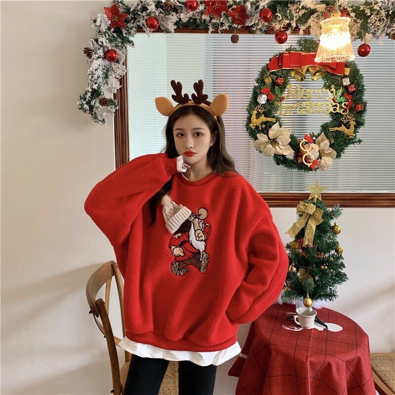Áo nỉ bông đỏ sweater in hình ông già noel pha gấu trắng cute cá tính