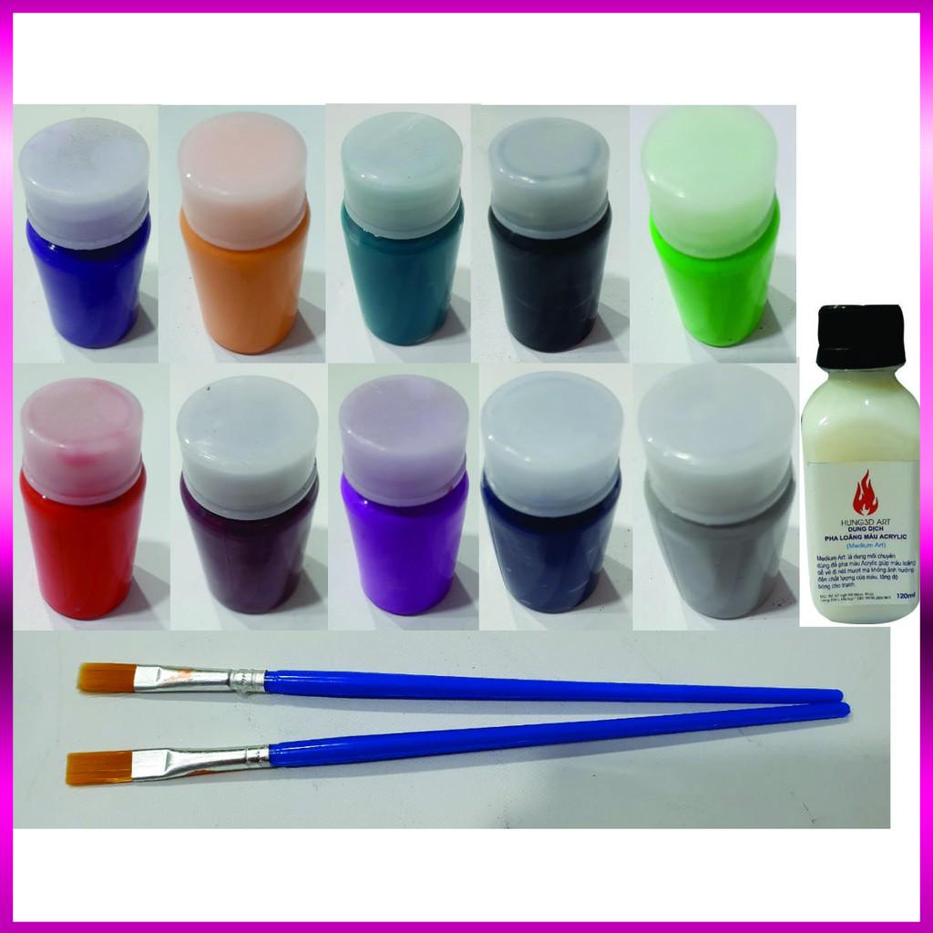 Combo 10 Màu Acrylic 30ml + 2 Cọ vẽ + 1 Dung Dịch Pha Loãng Màu Acrylic 120ml Chicken 5D Bộ Tô Màu Cho Bé Tập Vẽ