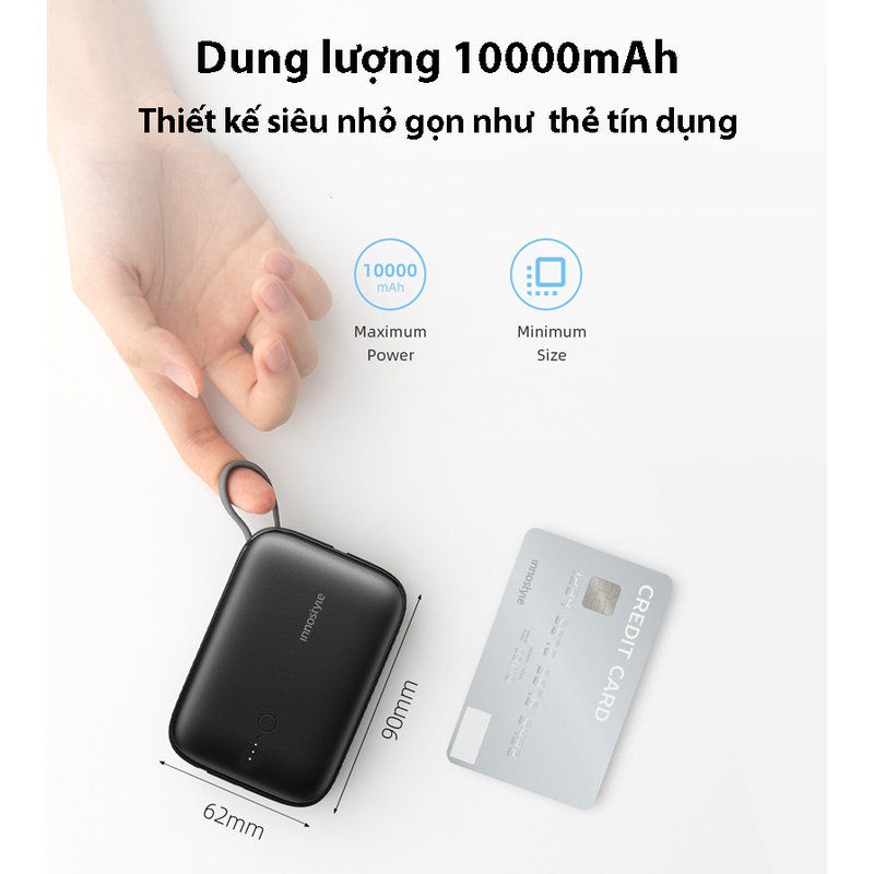 Sạc dự phòng INNOSTYLE Powergo Mini 10.000mAh 22.5W tích hợp cáp USB-C - IP22PDBLK