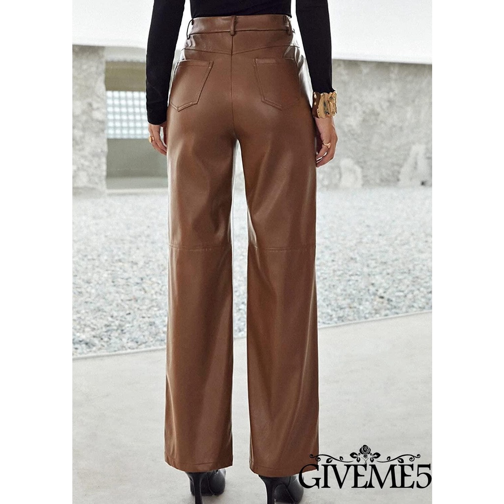 Quần bằng da lưng cao ống đứng màu trơn thời trang sang trọng cho nữ