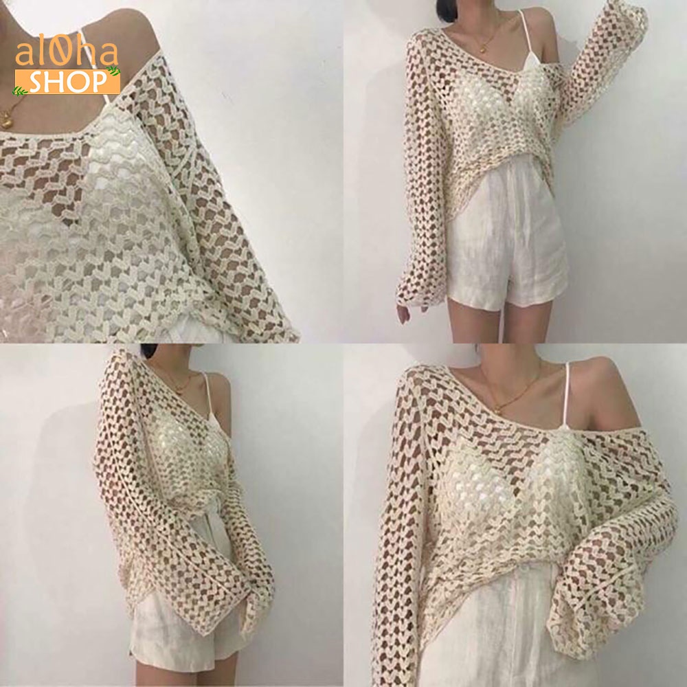 Áo ren lưới đi biển, đi chơi cổ tim mặc ngoài áo dây, váy, đồ bơi phong cách thời trang quyến rũ Freesize form dưới 60kg