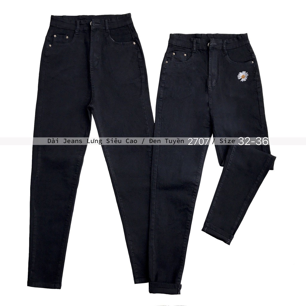Quần jean dài BIGSIZE đen tuyền in hình hoa cúc chuột mickey, lưng cao trên rốn, co dãn mạnh 2707