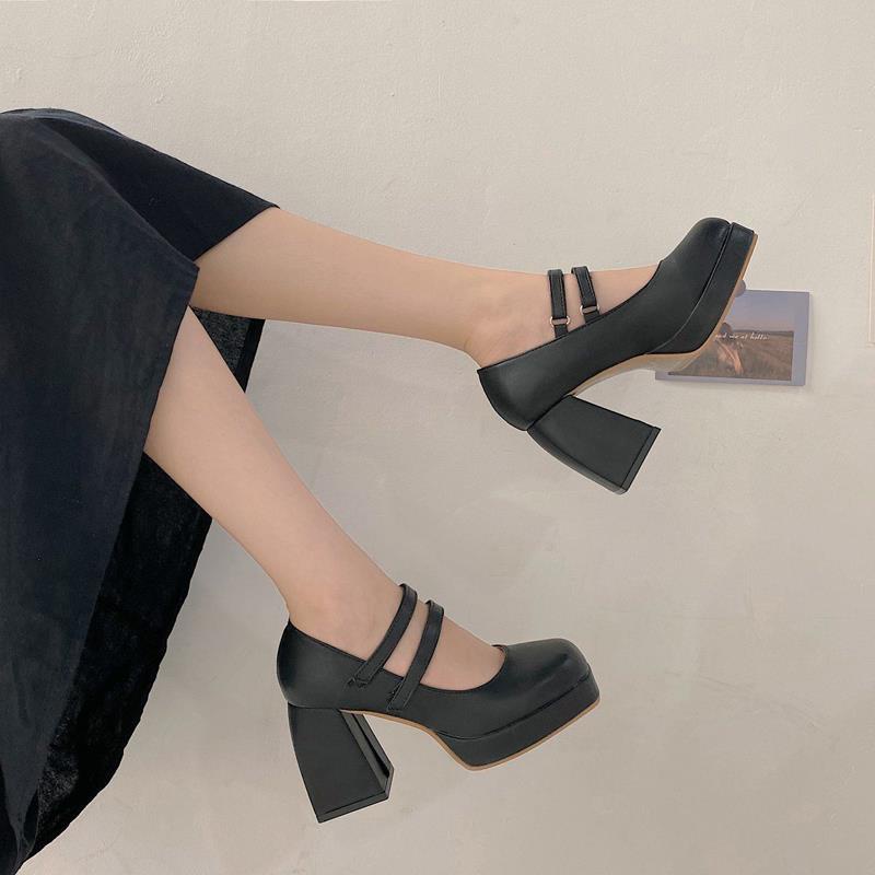 Giày Cao Gót Đế Dày Mũi Vuông Chống Thấm Nước Phong Cách Retro Cho Nữ