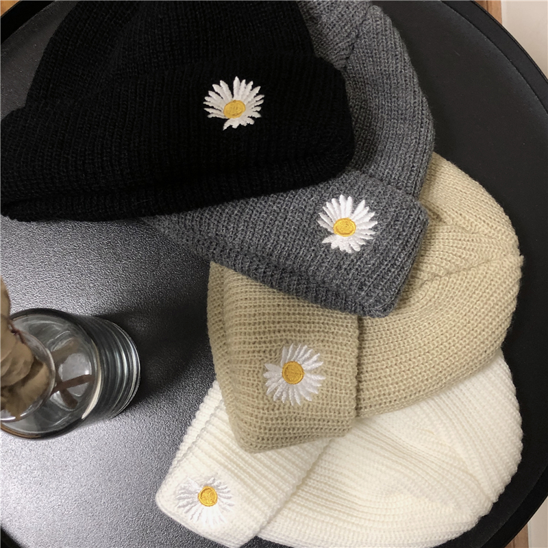 HIPSTER Mũ Len Dày Thêu Hoa Cúc Phong Cách Retro