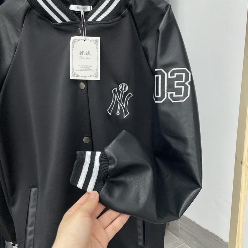 Áo Khoác Bomber Nam Nữ Phối Tay Da - Áo Bomber Bóng Chày NY Chất Đẹp Có Ảnh Thật ❤️❤️❤️