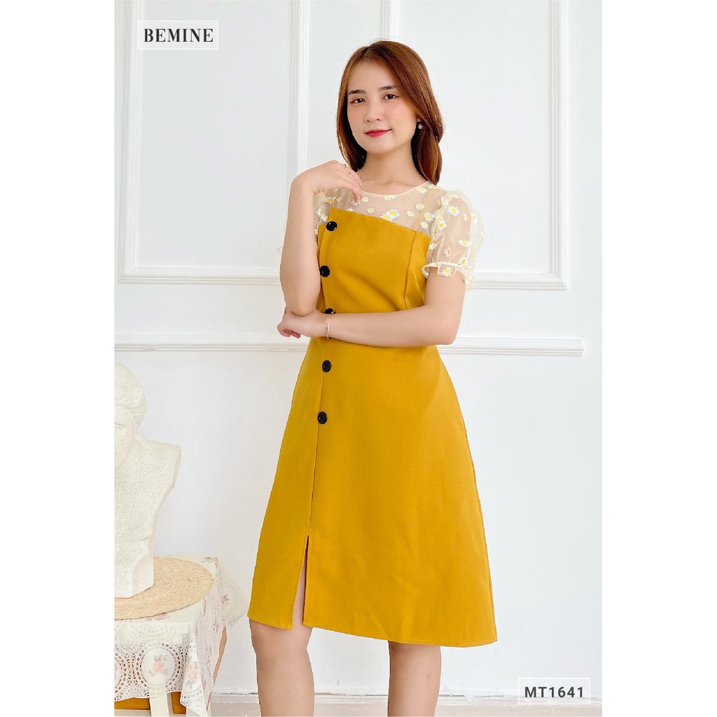Đầm nữ công sở thiết kế đính nút lệch phối cổ BEMINE MT1641VANG | BigBuy360 - bigbuy360.vn