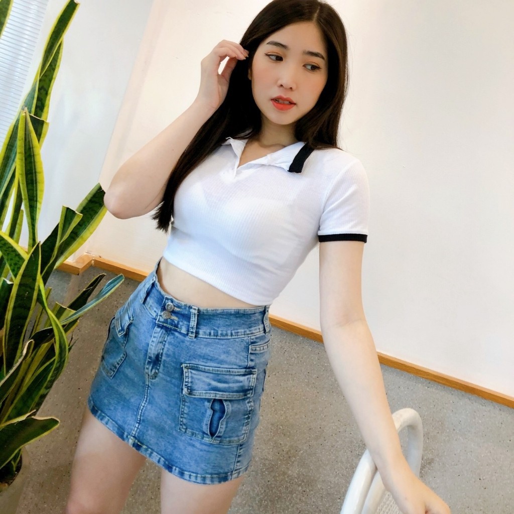 Áo Kiểu Croptop Cổ Trụ Tay Ngắn, Chất Thun Gân Mềm Mịn Co Giản,Mẫu Phối Màu Lạ Mắt Size 55kg Fom Chuẩn Ảnh 100% | BigBuy360 - bigbuy360.vn